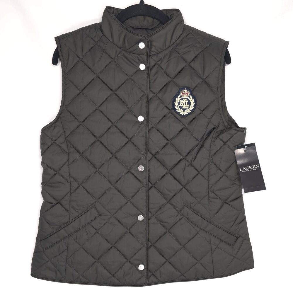 LAUREN RALPH LAUREN New MEDIUM Vest Crest Patch Diamond Quilted Green Army Women